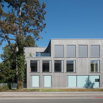 BTV Memmingen Außenansicht: Graues Gebäude mit vielen Fenstern, neben einem Baum