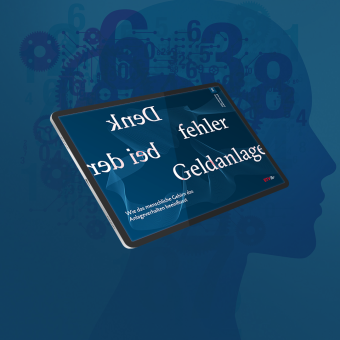 Ein grafische Darstellung eines iPads. Im Bild des Gerätes ist zu lesen: "Denkefehler bei der Gedlanlage, Wie das Menschliche Gehirn das Anlageverhalten beeinflust."